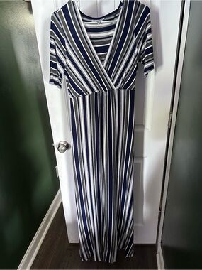 Motherhood Maternity Navy and White Striped Wrap Maxi Dress